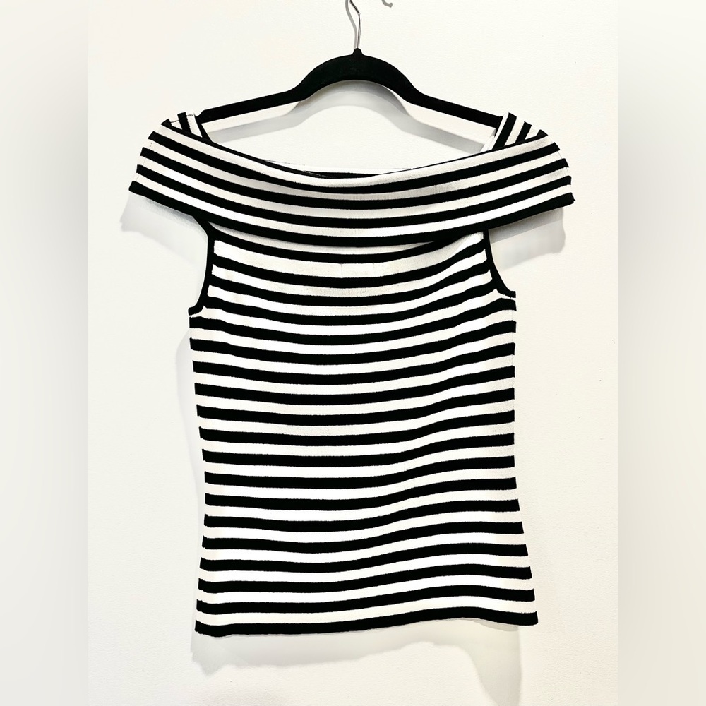 Danier Black White  Striped y2k Off the Shoulder Stretch Short Sleeve Blouse Top - Picture 3 of 5